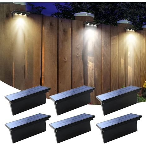 Paquete de 6 luces solares para escaleras, 3 luces LED solares para patio, luces para cercas, luz blanca cálida de 3000 K y luz blanca fría de 6000 K, IP65 a prueba de agua