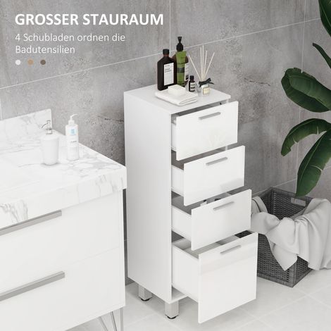 Meuble vasque salle de bain 4 tiroirs rangement blanc panneaux particules lisse armoire (1/4)