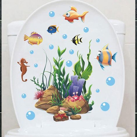 Autocollants Muraux Toilette, Décor Marin Créatures Océaniques, Déco Salle de Bain, Stickers Adhésifs Mural Imperméables, Lot de 6, Style Océan (1/4)