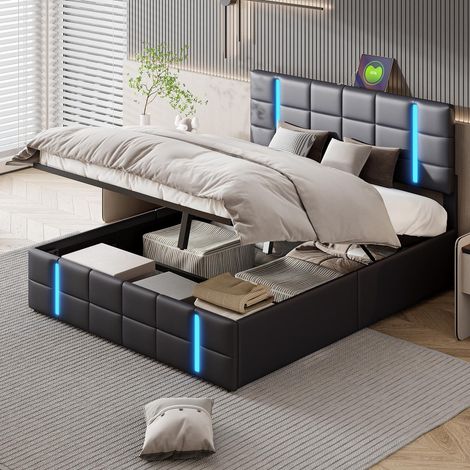 Letto contenitore 140x200 cm con LED e caricatore USB/Type-C - Letto adulto imbottito con rete idraulica e testiera retroilluminata - Nero