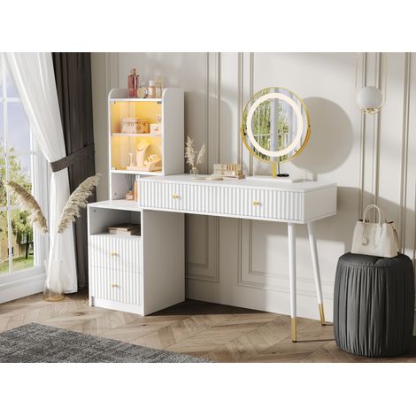 Coiffeuse LED avec miroir tricolore, 4 tiroirs, vitrine éclairée à porte vitrée, rangement ouvert, blanc, 100 x 40 x 125 cm, sans tabouret moderne  CHICFURN (1/5)