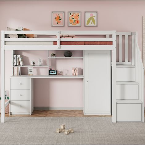 Kinder-Hochbett 90x200 cm mit Schreibtisch, Kleiderschrank und Stauraum, weiß HAVRYA (1/5)