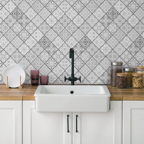 Panneau de cuisine anti-éclaboussures, autocollant mural facile à appliquer, motifs carreaux d’étain, 260 x 60 cm, fabriqué en Italie, en PVC, ignifuge et résistant à l’eau, pour évier (1/5)