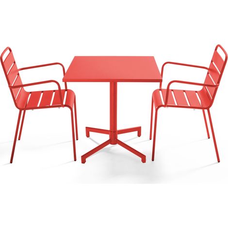Ensemble table 70 cm et 2 fauteuils de jardin en métal rouge - Palavas (1/5)