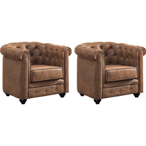 Lotto di 2 poltrone CHESTERFIELD in microfibra effetto cuoio invecchiato