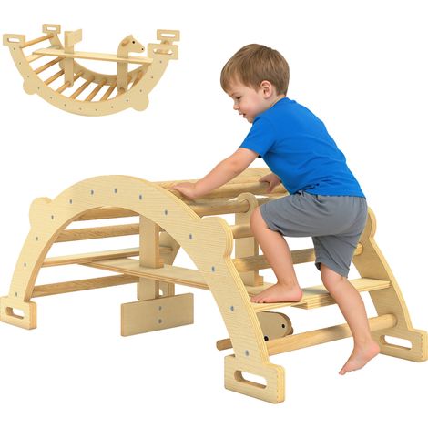 AIYAPLAY 2 en 1 arco de escalada de madera y caballito balancín, estructura de escalada Montessori de interior para niños de 2-4 años, natural