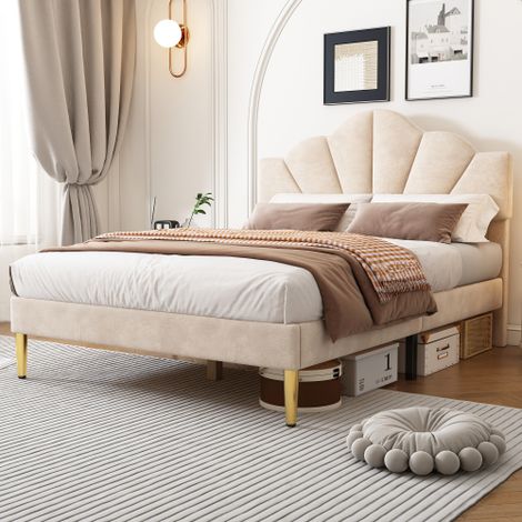 Samt, Polsterbett, muschelartiges Bett mit goldenen Eisenbeinen, höhenverstellbares Kopfteil, Holzlattenrost
