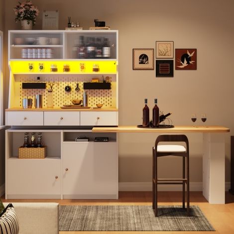 Buffet haut 137x45x178 cm, étagères de rangement, table extensible, 2 portes et 3 tiroirs, en MDF, blanc (1/5)