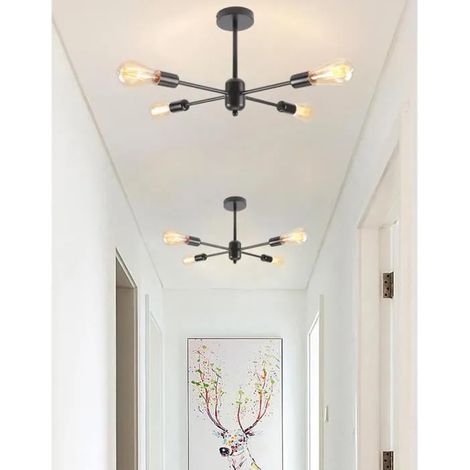 Lot de 2 Plafonnier Industriel en Métal Noir,4lampes,Lustre Plafonnier Retro Designe Edison pour Salon Chambre (1/4)