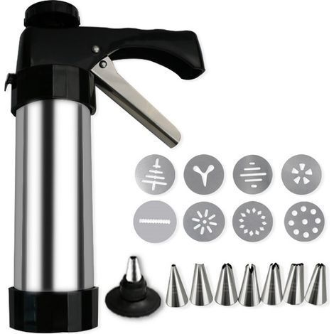 Professionelle Gebäckspritze aus Edelstahl, Spritze mit 8 Kuchenformen und 8 Tüllen für die Kuchenherstellung (1/5)