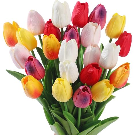 Strauß aus 27 Tulpen, SINBINTA, vielseitig kombinierbar, farbecht, wiederverwendbar, natürlich wirkende Kunstblumen, robust, angenehm weich, Heimdekoration, PU, 33 x 4 cm, mehrfarbig (1/5)