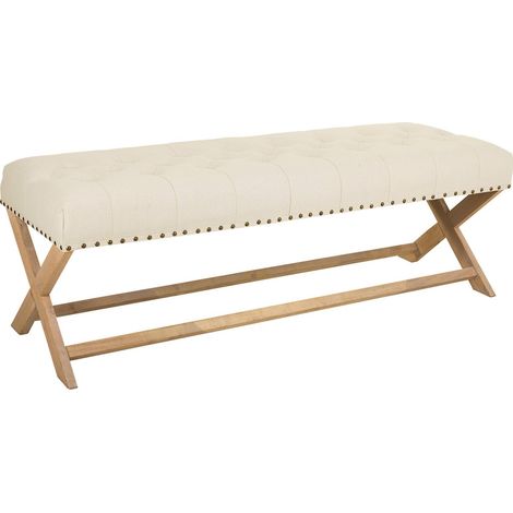 Banc bas en bois et tissu crème pour entrée ou salon - crème et bois naturel clair (1/5)