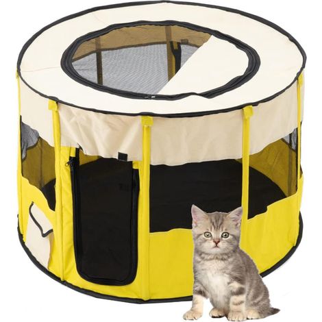 Enclos rond pliable pour animaux (Jaune-S:70x70x40cm), tente de voyage pour chien et chat, abri intérieur/extérieur portable, cage de jeu légère et pratique. (1/5)
