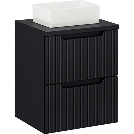 Set VANO 50cm: Unterschrank mit Schubladen + matte schwarze Waschtischplatte + rechteckiges weißes Aufsatzbecken