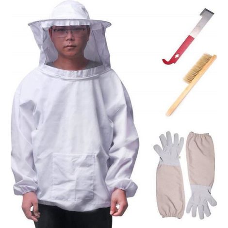 4PCS Apiculture costume ensemble d'outils - Apiculteur Suit Veil Outils Kit, manches longues Gants Bee Hive Brush J Hook Hive (1/3)