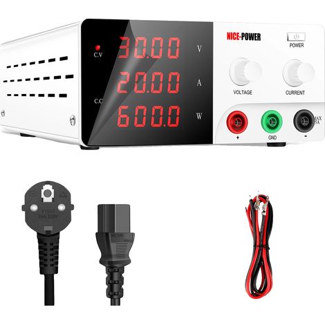 Fuente de alimentación, voltaje ajustable, corriente constante, 30V 20A, blanca (1/2)