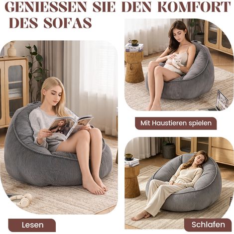 Fauteuil poire géant pour adulte et enfant, pouf gonflable lounge gris clair, idéal salon, chambre, salle de jeux, bureau, lot unique. (1/5)