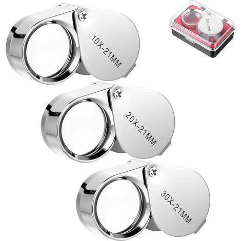 Set di 3 lenti d'ingrandimento tascabili e pieghevoli per gioiellieri: 10x, 20x, 30x, piccola lente d'ingrandimento, strumento di ingrandimento per gioielli, monete, orologi e francobolli