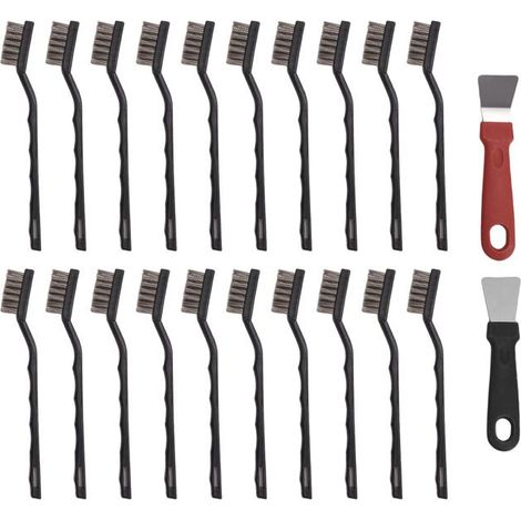 Jeu de mini brosses métalliques - 20CS - Acier inoxydable - 20 brosses + 2 grattoirs - Pour scories de soudure (1/4)