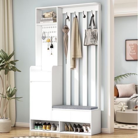 Eingangsbereich-Möbel mit Bank, Wandgarderobe, Lochwand, 4 Haken, weiß HAVRYA (1/5)