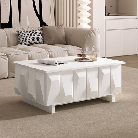 Couchtisch mit stauraum - 95x67x39,5 cm - Wohnzimmertisch modern mit 3 türen und 3d-strukturfronten - PB - Weiß (1/5)