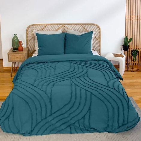 Parure de lit - CÔTÉ DÉCO - Courbes Bleues - 220 x 240 cm - 100% coton lavé - Motif géométrique frangé bleu (1/5)