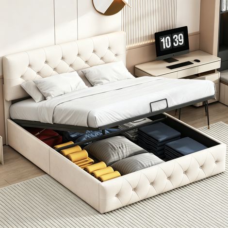 Lit coffre 160x200,lit 160x200,lit double capitonné,lit adulte,avec sommier à lattes,levier hydraulique,lit 2 personnes,tissu en velours,beige (1/5)