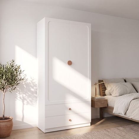 MODFU – Armoire 90x45x200 cm MDF/bois massif – 2 portes, 2 tiroirs et penderie – Charge 30 kg – Chambre – Blanc (1/5)