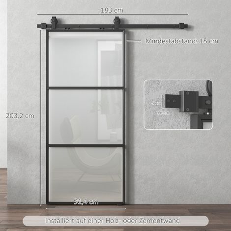 Porte coulissante en verre dépoli, système de rails, kit de montage, mécanisme de fermeture amortie, montage facile, acier, noir (1/5)