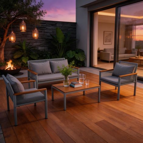 Garden lounge set, garden furniture set with comfortable cushions, double sofa, 2 armchairs and table, outdoor, rattan, table and chairs, grey