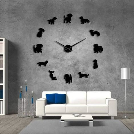 Riesige Wanduhr ohne Ecken mit Hundemotiven und Subwoofer, Wanduhr mit großem Spiegeleffekt, schwarz. (1/4)