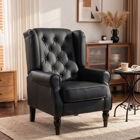 Fauteuil de chambre en cuir PU avec large siège, accoudoirs et pieds en bois d‘eucalyptus, noir (1/5)