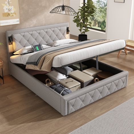 Lit capitonné 160200, avec downlight & interface USB, avec sommier à lattes et tête de lit à rayures losanges, lit coffre, lit capitonné hydraulique, lit double, sommier à lattes en bois, lin, gris