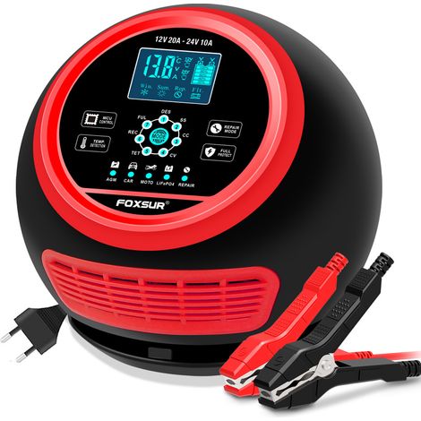 Chargeur FOXSUR pour batteries au plomb-acide et au lithium ferrique, 20 A, 12 V/24 V, pour motos et voitures, forme sphérique (1/5)