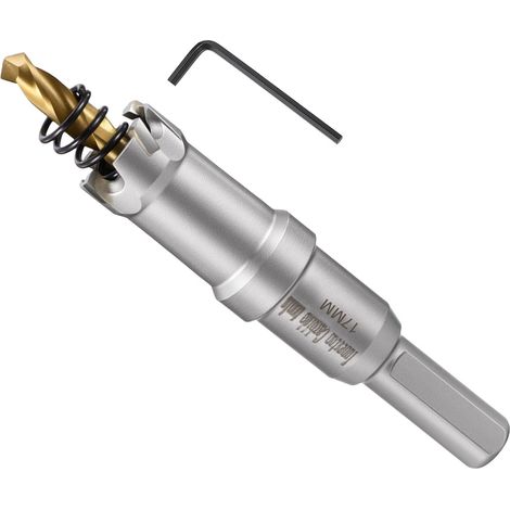 Kit de scie-cloche en carbure de tungstène avec foret central, clé hexagonale et ressort – pour métaux durs, tôles en acier inoxydable, tubes carrés, fibre de verre, argent (1/5)