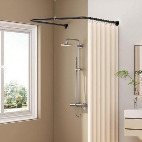 Barre De Douche, Barre De Rideau De Douche En U RéGlable 70-95 Cm Barre De Douche De Baignoire Sans PerçAge Support De Rideau De Douche Noir Pour Salle De Bain Support De Plafond (1/5)