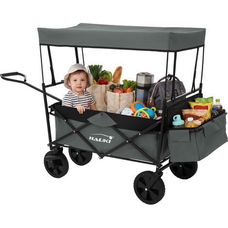 Hauki Bollerwagen L faltbar mit Dach, Grau, Handwagen klappbar, Transportwagen für Kinder, Gerätewagen inkl. 2x Netztaschen und 1x Außentasche, Vorderrad-Bremse, bis 80 kg, Transportkarre Kinderwagen (1/5)