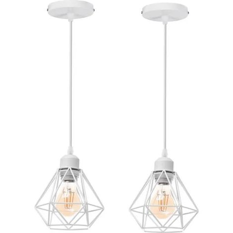 U-DO LOT DE 2 Lustre design Moderne Suspension forme Diamant en Fer Blanc pour Salon Bar Cuisine (1/4)