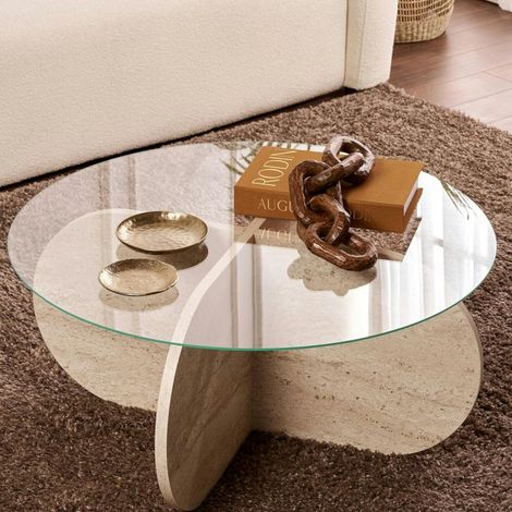 Pier Import – Table basse fixe en verre trempé 75x75cm – Pied en croix effet travertin – Épaisseur 6mm – Meuble à assembler (1/5)