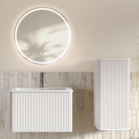 Conjunto de mueble de baño 60 cm con lavabo, espejo LED redondo y armario lateral blanco (1/5)