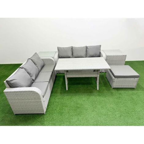 Fimous Outdoor Garden Furniture Sets 7 Seater Wicker Rattan Furniture Sofa Sets with Rectangular Dining Table high Back Lounge Sofa Big Footstool 2 Side Table Light Grey (1/4)