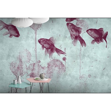 Papier peint panoramique japonais pour salle de bain | Tapisserie panoramique animaux originale | Papier peint panoramique violet et bleu - 270 x 400 cm (4 pièces) (1/5)