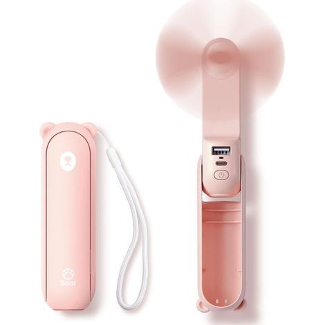 Mini-3-in-1-Ventilator, wiederaufladbar und batteriebetrieben, mit 14–21 Stunden Akkulaufzeit, integrierter Powerbank und Taschenlampe – pink (1/5)