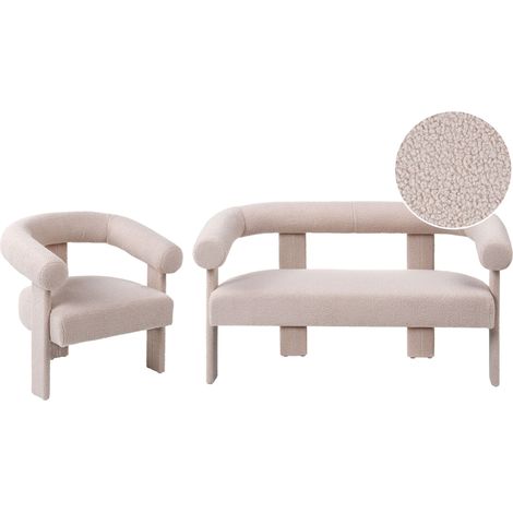 Set da salotto divano a 2 posti poltrona imbottita bouclé beige Ilbro