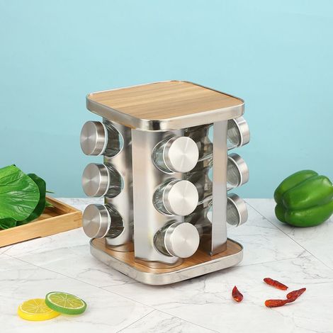 Étagère à épices Rotative à 360°, Etagère à épice de Cuisine rotative en Acier Inoxydable 430 de qualité Alimentaire, Pot à épices en Verre, (Grain de Bois latéral carré et Rond, 12 Bouteilles) (1/5)