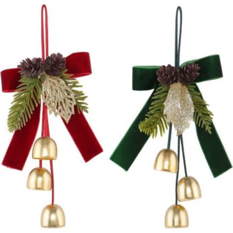 Lot 6 cloches suspension porte Noël ruban velours et pommes de pin (1/5)