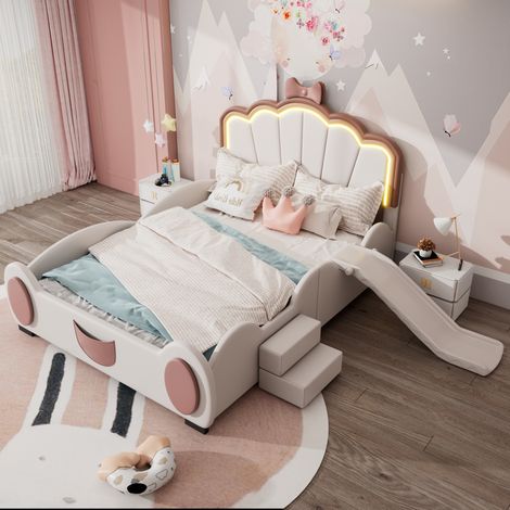 Kinderbett 140/200 cm rosa/weiß aus PU und MDF mit Rutsche, Leiter und LED-Beleuchtung (1/5)