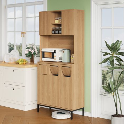 Armario para basura (80x35x181 cm), con 3 compartimentos, hueco para robot aspirador, MDF natural (1/5)