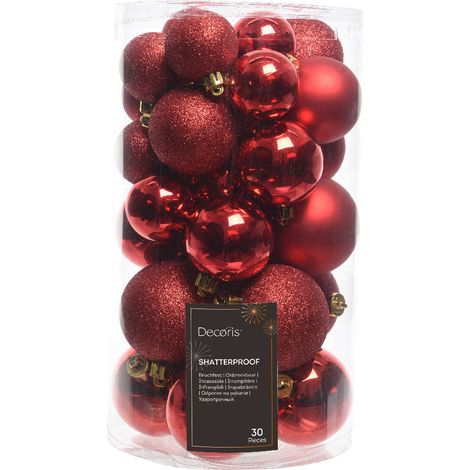 Amicasa JNS427198 Palline di Natale Infrangibili Set 30 Pezzi Finiture Miste Lucido Opaco Glitter diametro 4 5 6 cm colore Rosso