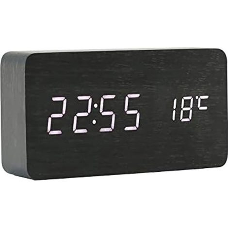 Reloj despertador digital de madera ThreeH con pantalla LED USB, reloj digital con indicadores de fecha, hora, humedad y temperatura, AC11, blanco y negro. (1/5)